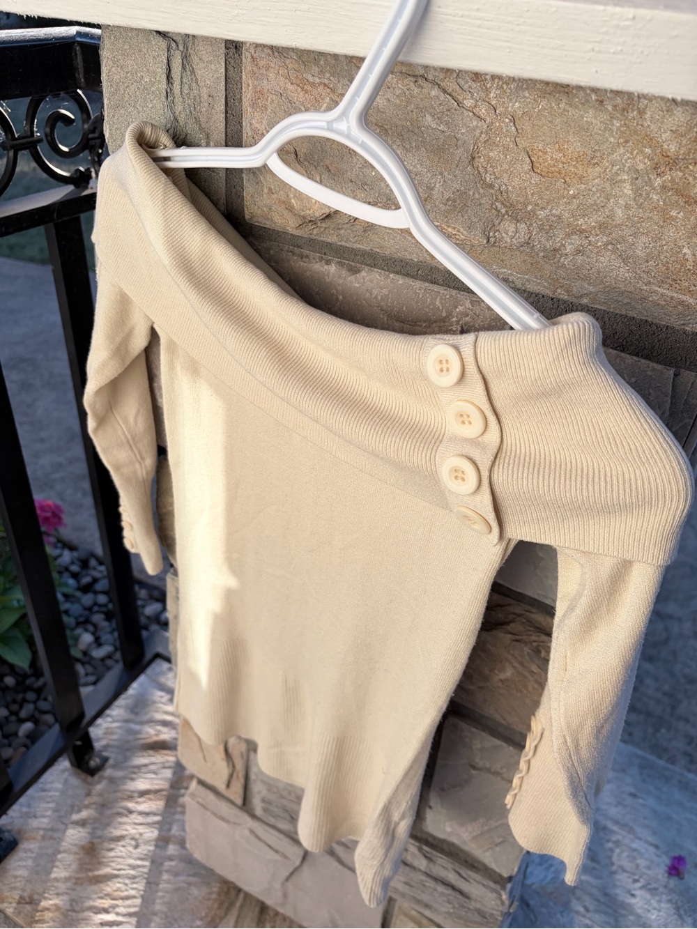 Off-Shoulder Lemon Cream Button-Accent Women’s Sweater